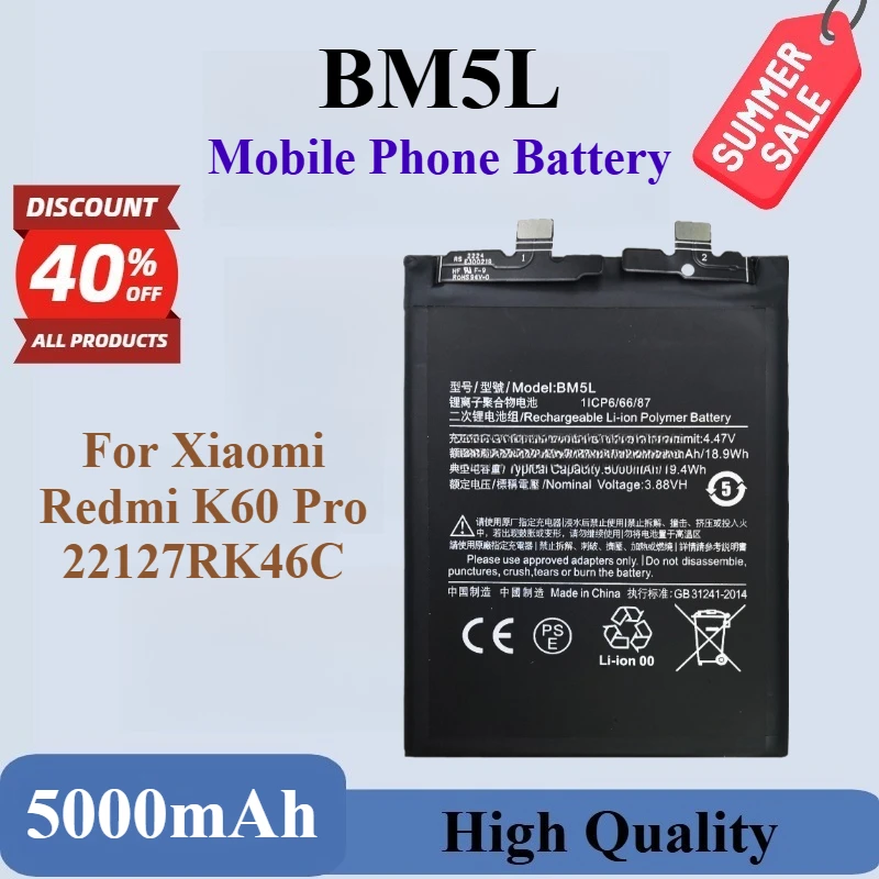 

100% New BM5L 3.88V 5000mAh Phone Battery For Xiaomi Redmi K60 Pro 22127RK46C High Quality Replaceable Battery