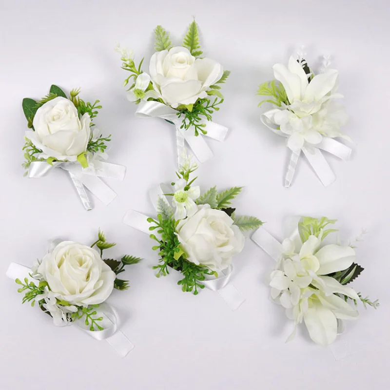 Ramillete de flores artificiales blancas para hombre, broche de boda, pulsera de novia, decoración de ojal