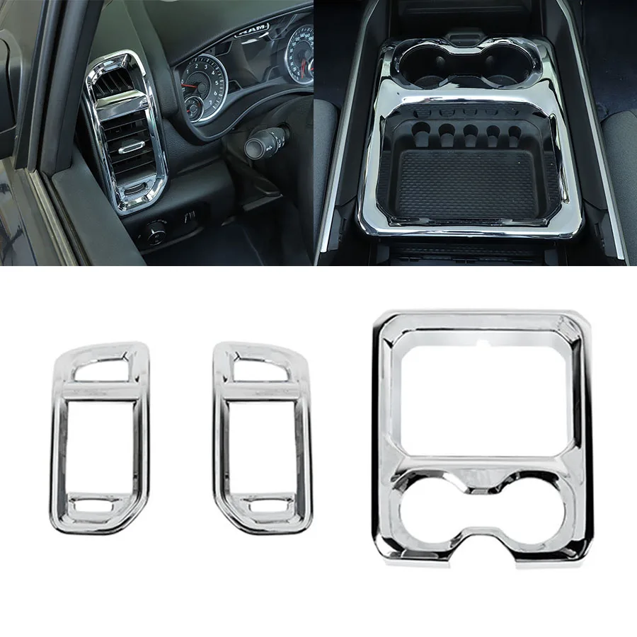 For Dodge Ram 2018+ Car Dashboard Side Air Vent Frame Trim Water Cup Holder Cover ABS Stickers Interior Accessories 3pcs/set
