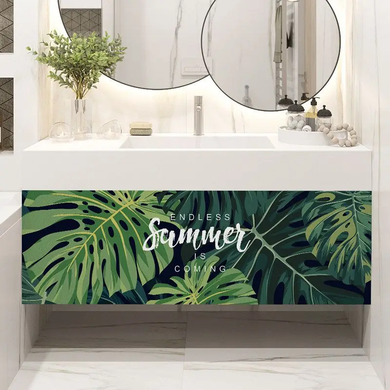 VIKAMA Green Leaf Bathroom Sink Curtain Tropical Plant Floral Print Waterproof Dustproof Cabinet Partition Cover Home Decor