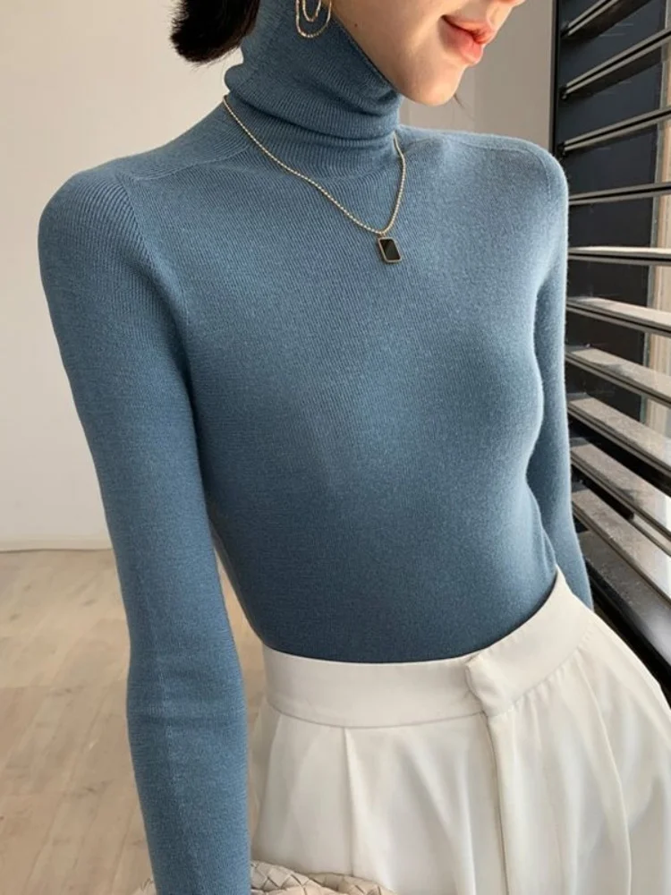 2024 Korean Style Turtleneck Long Sleeve Pullover Fashion Soft Warm Basic Sweater Women\'s Autumn Winter Slim Solid Knitwear Tops