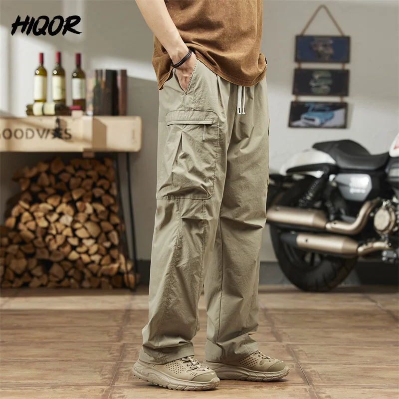 Hiqor-Calça casual masculina com bolsos múltiplos, calça larga Y2K, calça fina, caminhada ao ar livre, streetwear treino, marca, verão