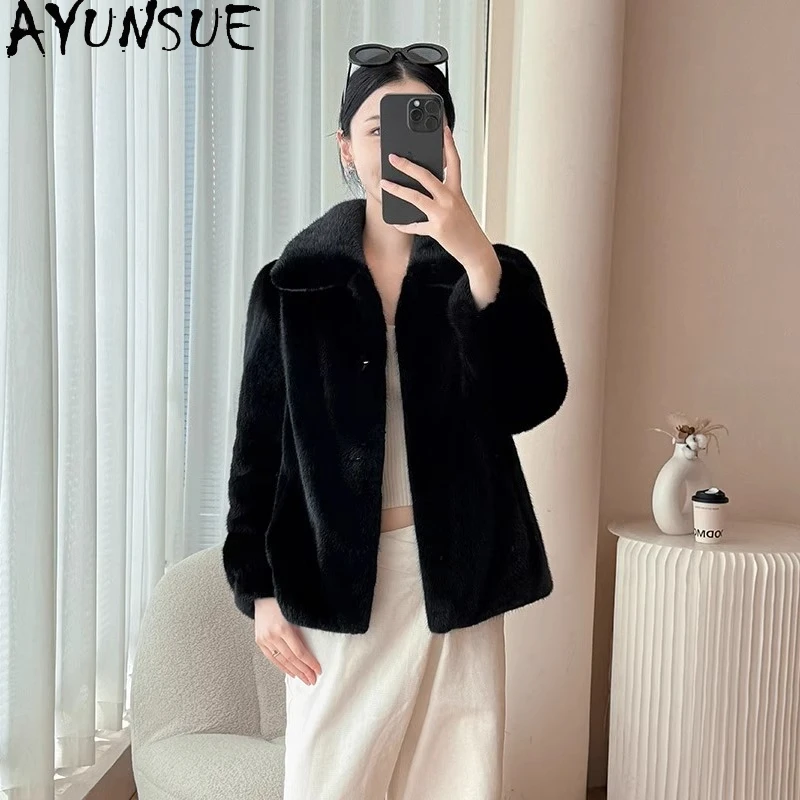 AYUNSUE abrigos de piel de visón Natural para mujer abrigo de piel negra 2025 Otoño Invierno abrigo mujer ropa de oficina ropa de mujer Pelzmantel Damen