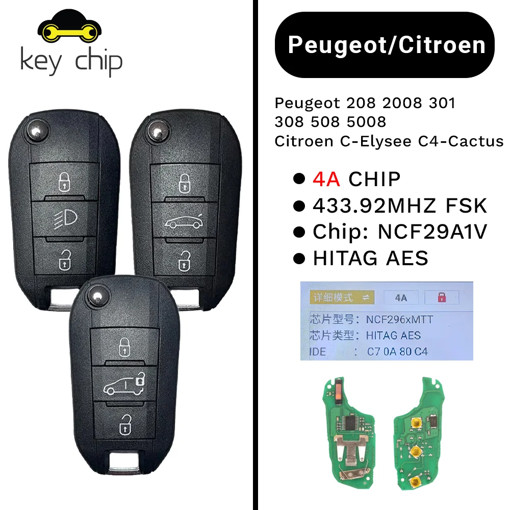 Keychip 2014 2015 2016 For Peugeot 308 4008 Citroen C3 C5 C6 Flip Remote Folding Car Key 433 MHZ Lamp Buttons 4A Chip 433 MHZ