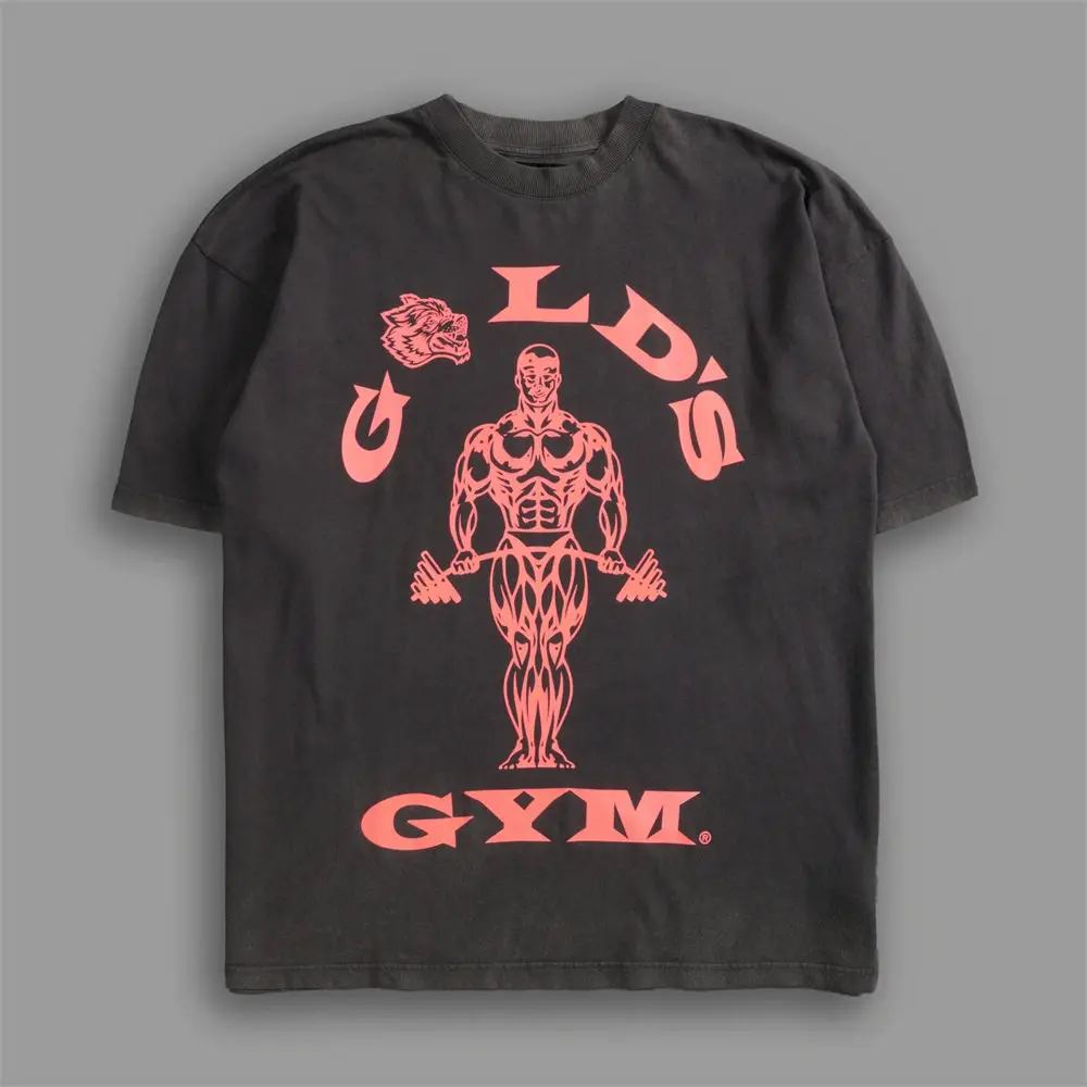 Hot Gold's Gym Collaboration Soft Cotton Mens and Womens Sports Fitness T-shirt with Breathable Short Sleeves and Printed Design