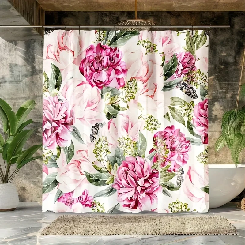 1pc Elegant Pink Peony Floral Shower Curtain - Luxury Bathroom Decor with Pink Peonies, Green Leaves, Machine Washable Polyester