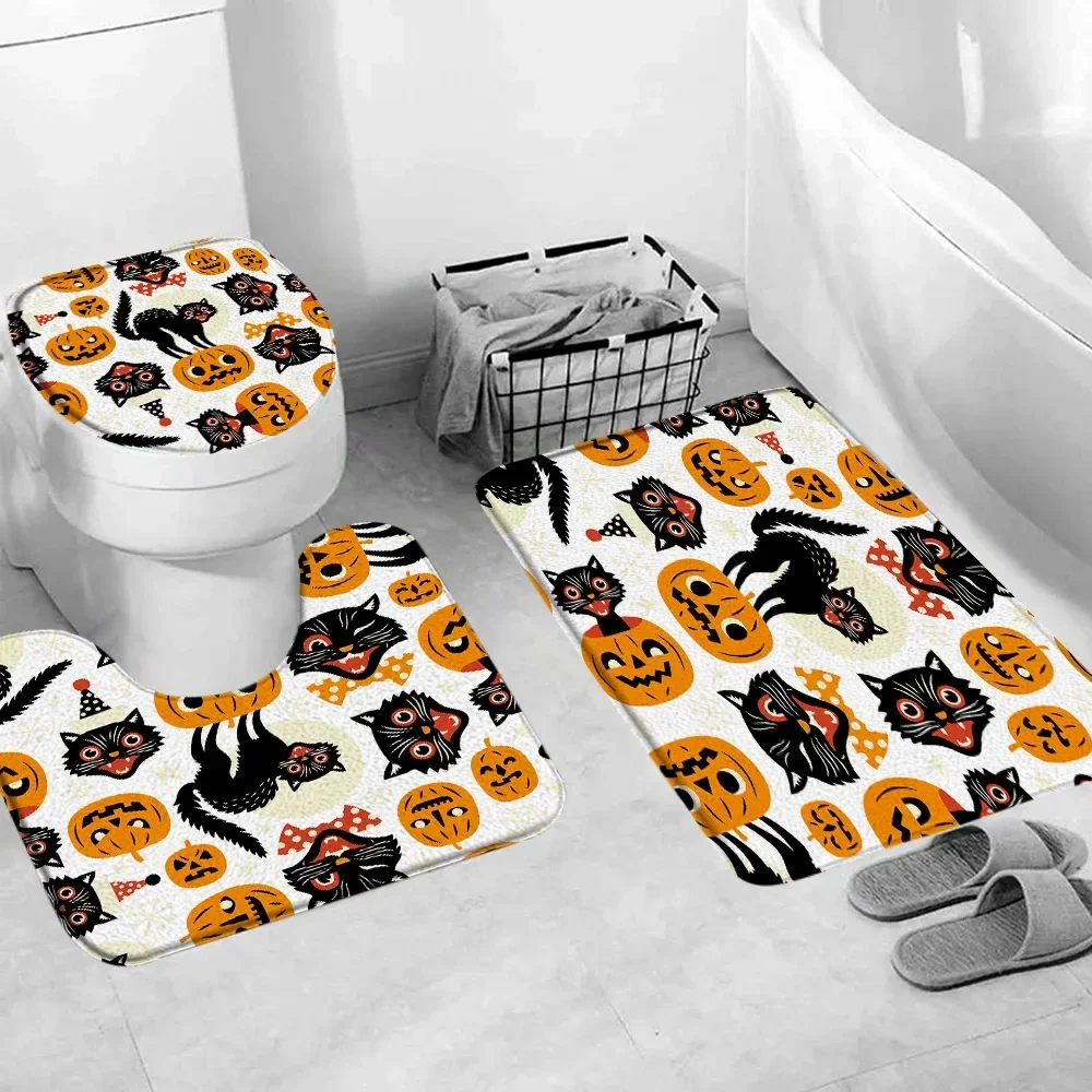 Flower Skull Autumn Pumpkin Bathroom Rug Set Horror Artist Home Footrest Bathroom Mat Toilet Cover Bathroom Decor Accessories