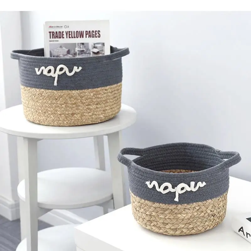 Straw Storage Bucket Cotton Weaving Splicing Decoration Sorting Basket Home Round Binaural Manual Rattan Baskets