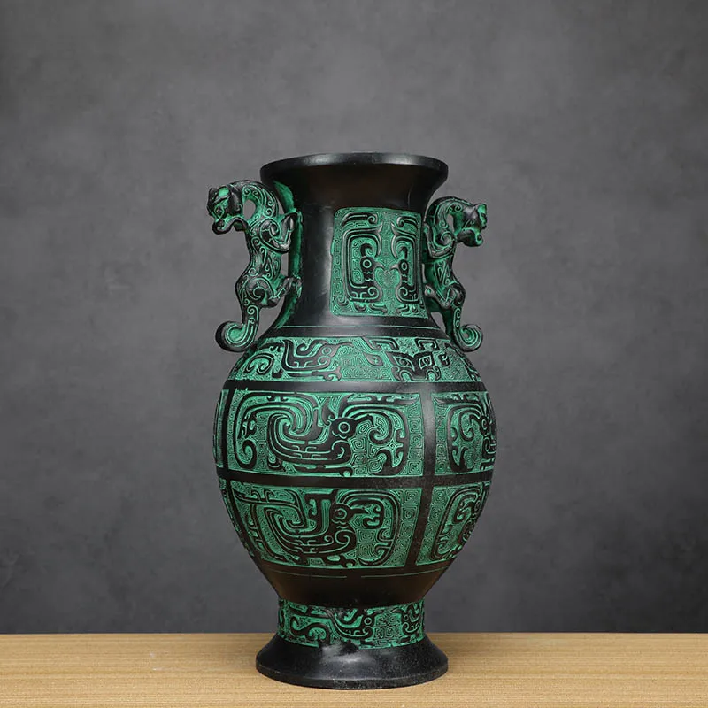 Double Tiger Bottle Bronze Tripod Flower Vase Prop Home Decoration Business Gift Antique Craft
