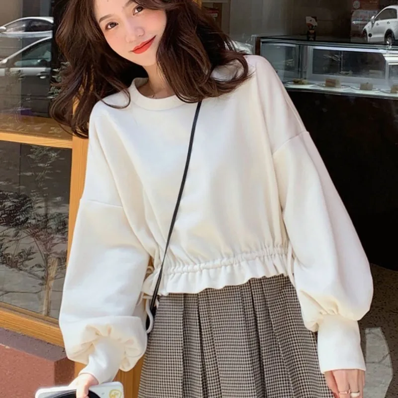 Femme Spring Casual Fashion Drawstring Solid Color O-neck Sweatshirts Women Clothing All-match Shirring Bow Long Sleeve Top Tee