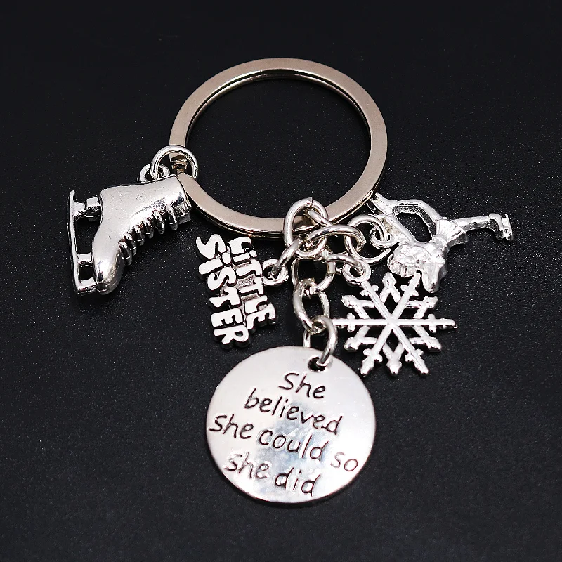 Girl Figure Skating Winter Sports Gifts Inspirational Metal Keyring DIY Charm Big/Litter Sister Skates Snowflake Keychain P72