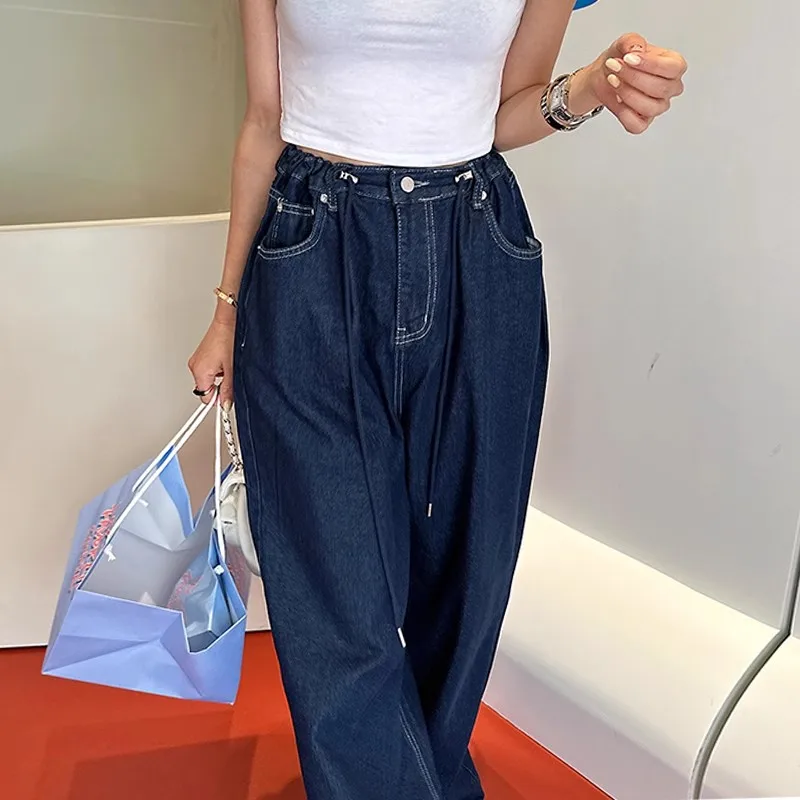 Streetwear Straight Jeans Women Drawstring Dark Blue High Waisted Soft Denim Pants Lady Korean Fashion Vintage Y2k Jeans Chic