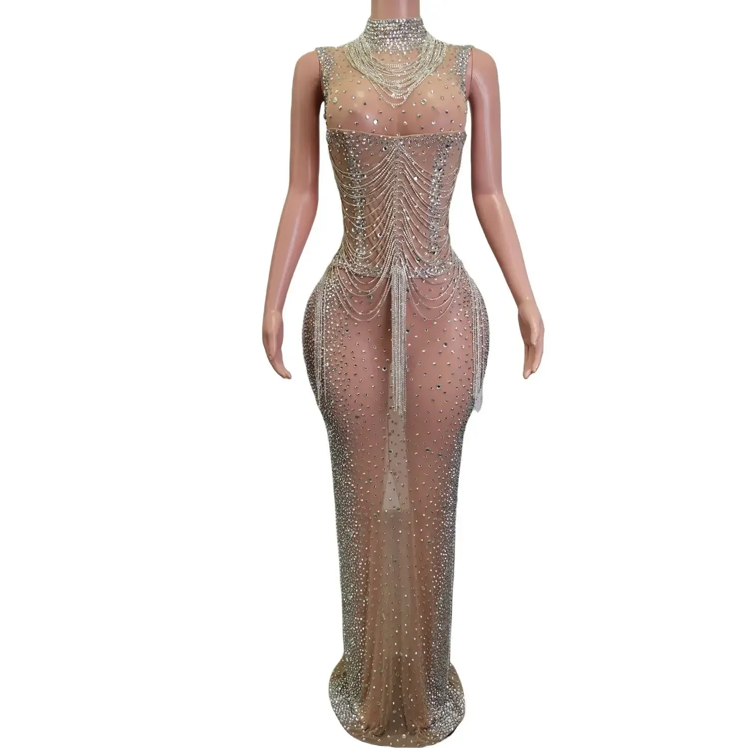 

High-Quality Women Evening Dress Formal Sleeveless Diamond Wedding Party Clothes Beaded Tassel Chain Mesh Evening Gown For Bride