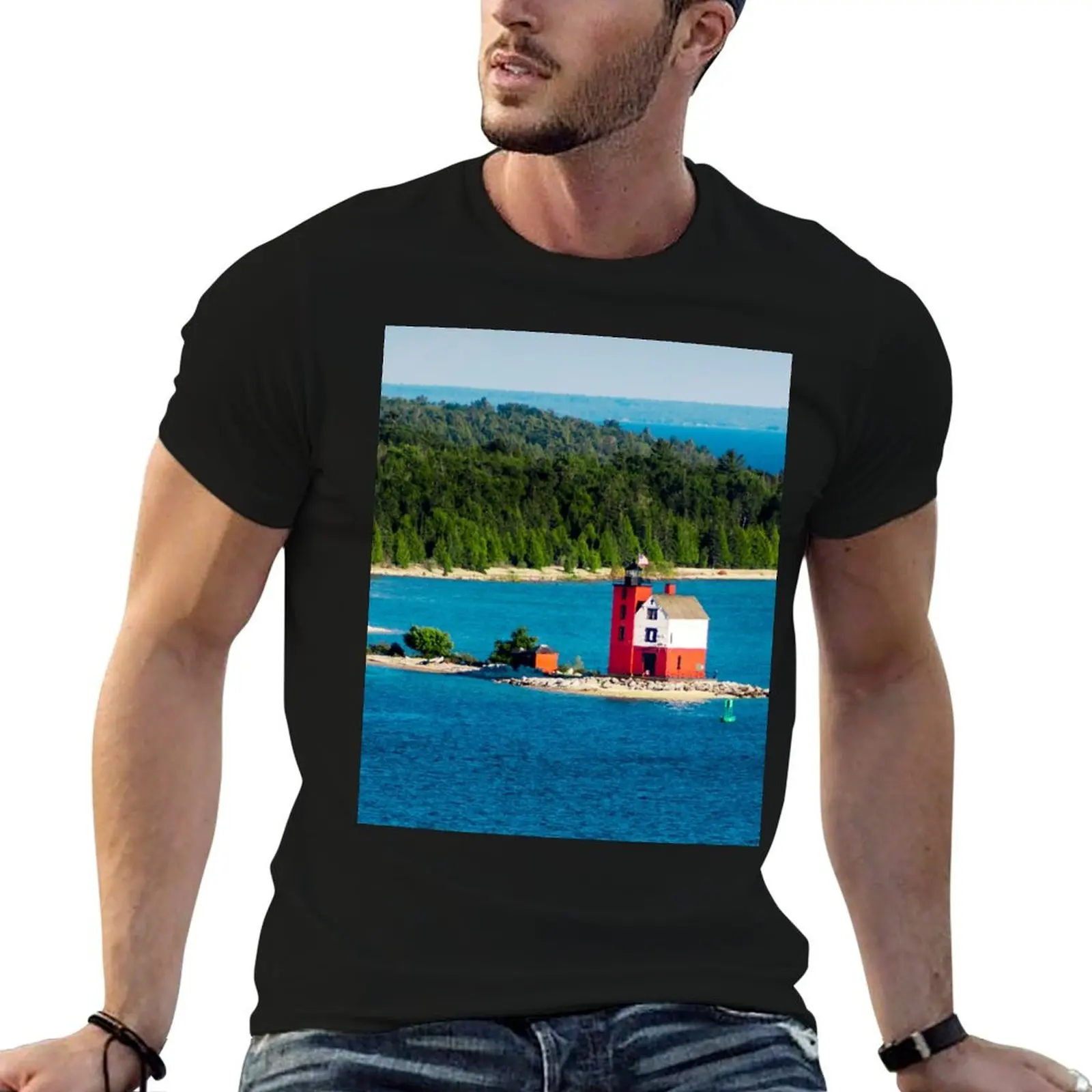 

Round Island Light watching over Lake Michigan on Mackinac Island T-Shirt funny t shirts cotton t shirts for man cotton T-Shirt