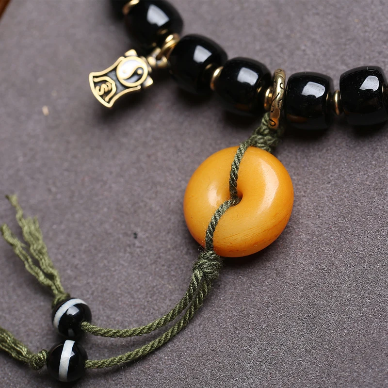 Black agate bracelet with beads, vintage bone peace, ivory peach, monkey bodhi, gourd accessories - view 3