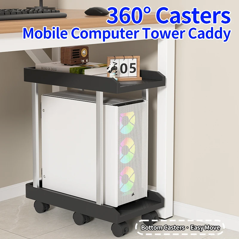 Extra Large Mobile CPU Stand with Brakes, Dual-Layer Storage, Cooling Organizer for Office Computer Case