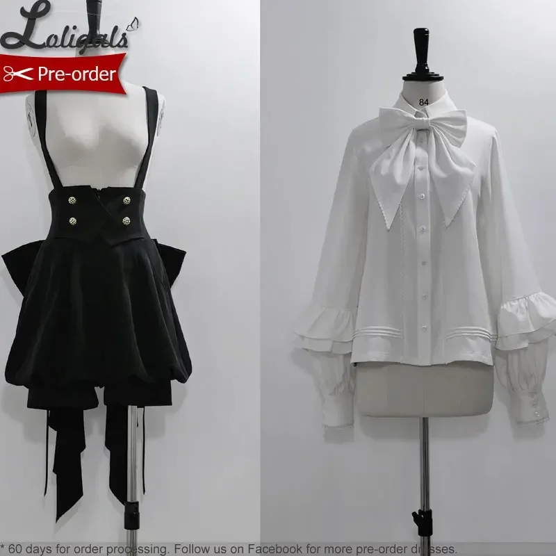 قميص لوليتا أبيض قوطي بأكمام طويلة شورت بحمالات من Ouji Prince باللون الأسود القديم مع القوس ~ دمية أنيقة من Princess Chronicles