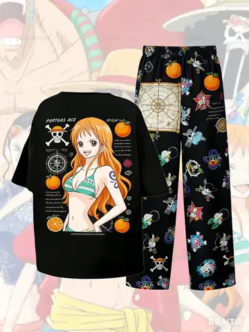 2026 Summer One Piece Nami Orange Print Pajama Set Oversized T-shirt & Pants Unisex Anime Sleepwear Soft Breathable Loungewear