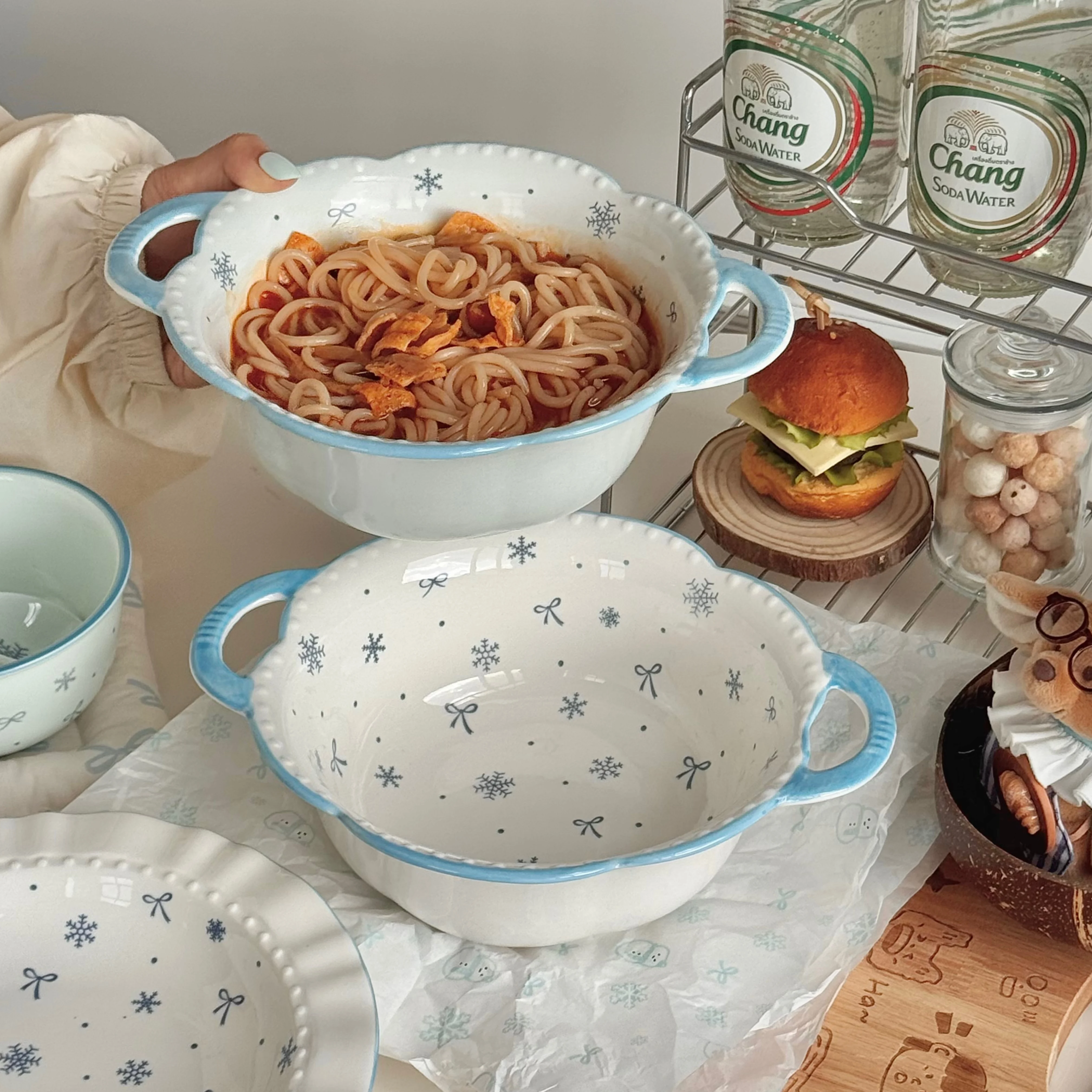 Бытовая керамическая миска большой емкости с двойными ушками, миски для фруктового салата с узором бабочки, простые посуды высокого качества