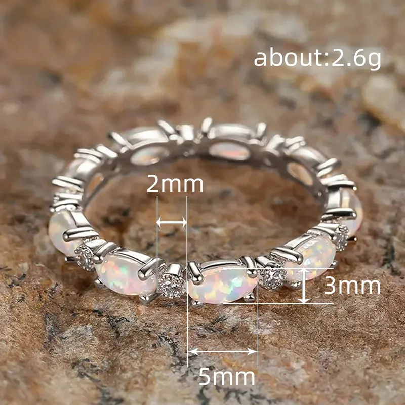 خاتم Lihong من الفضة الإسترليني عيار 925 صغير بيضاوي من أوبال النار الأبيض مكدس على شكل دائرة كاملة لمجوهرات الخطوبة النسائية #5