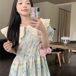 Plus Size 5XL 140KG Summer Floral Dress Peter Pan Collar Elegant Dresses Short Sleeve Woman Casual Evening Holiday Floral Dress