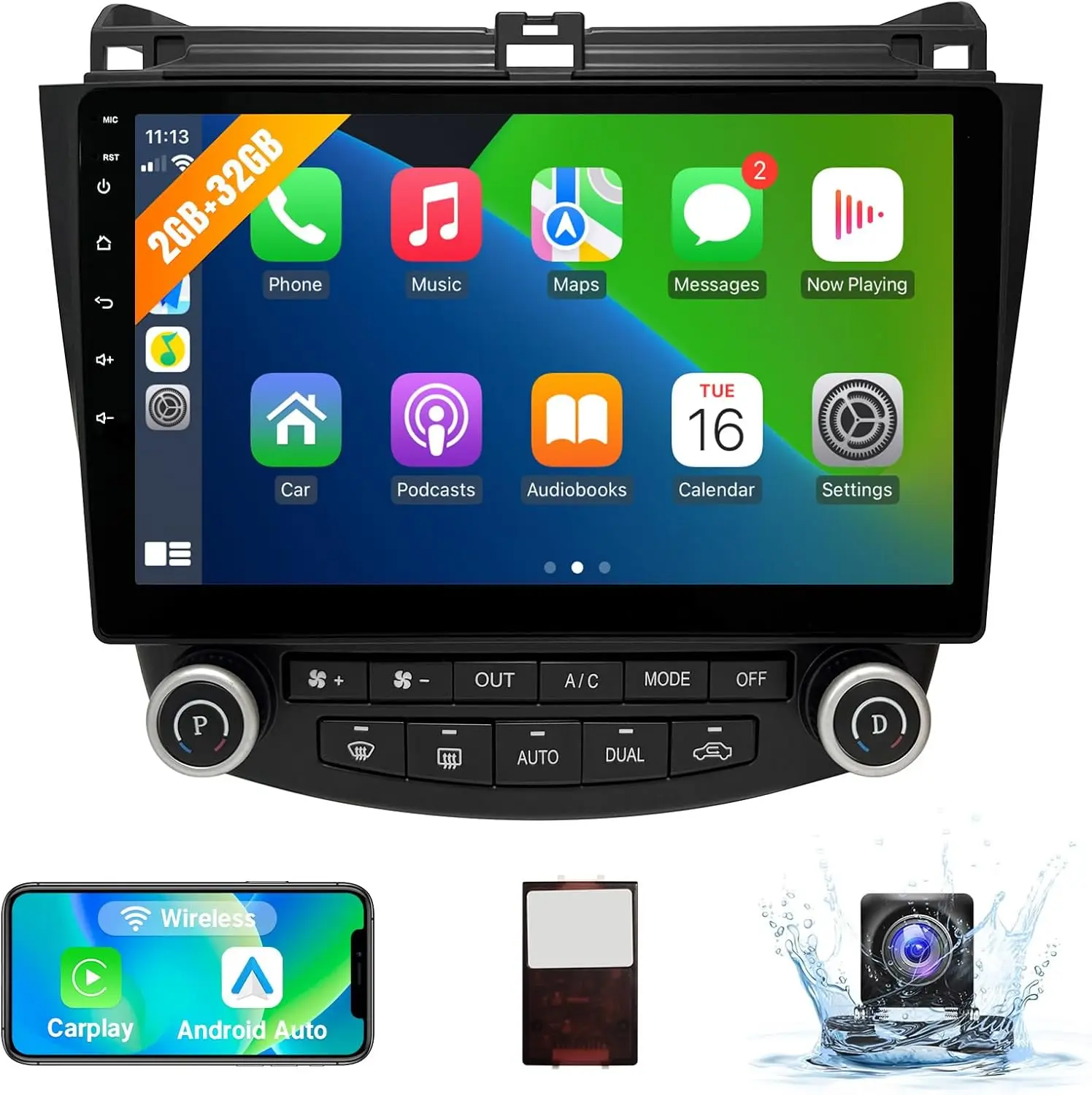 Car Stereo Radio Support Wireless CarPlay & Android Auto for Honda Accord 7th 2003-2007 10.1 Inch IPS Touch Screen Bluetooth