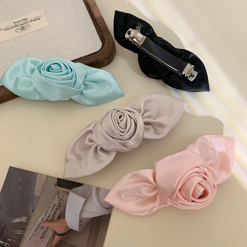 Korean New Fashion Elegant Satin 12.5CM Long Rose Hair Clip Simple Cloth Spring Clip Hair Pin Hair Accessories