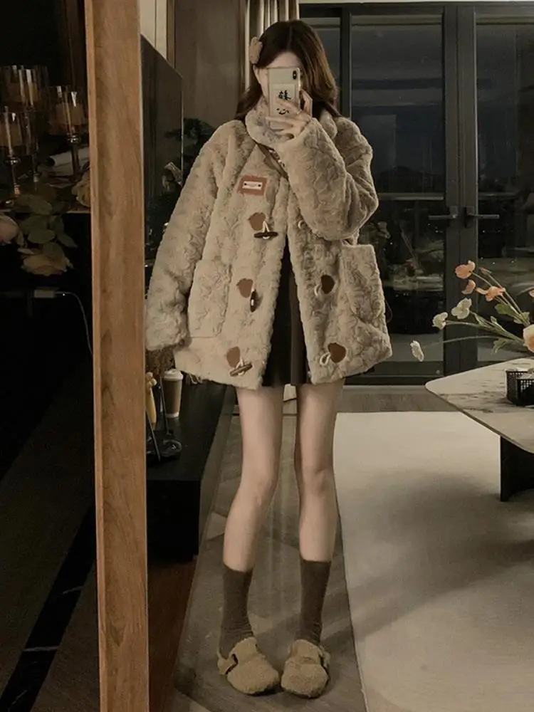 Large Size Women's Furry Lamb Fur Jaet Rabbit Velvet Leather Cotton Coat Winter Loose One-Piece Stand Collar Button up Long...