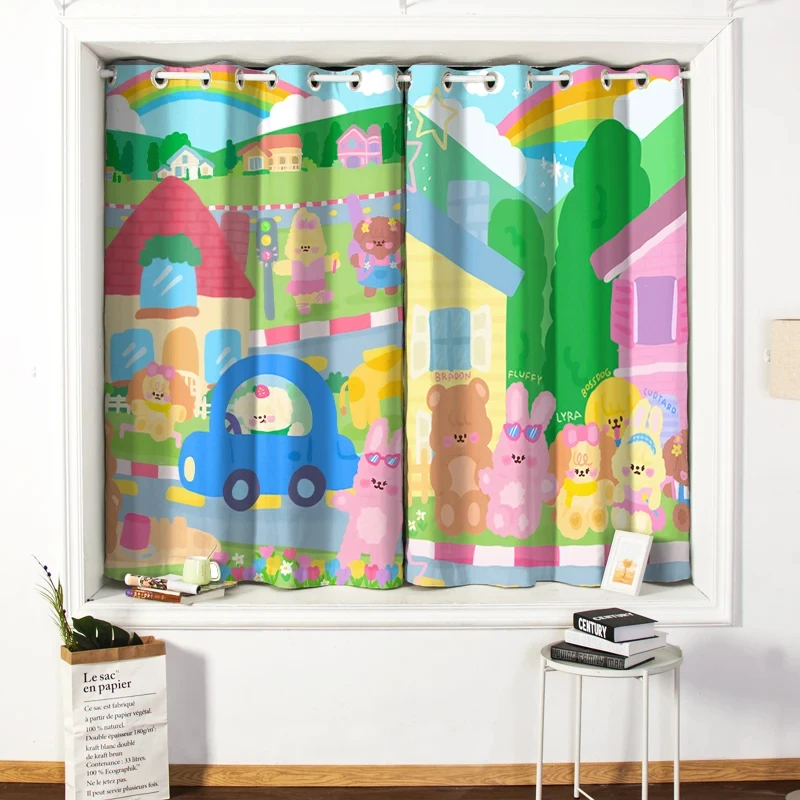 Fresh Cartoon Oil Painting Window Curtain Cute Children's Room Simple Fashion High Shading Bedroom Curtain 2 Panels New Pattern