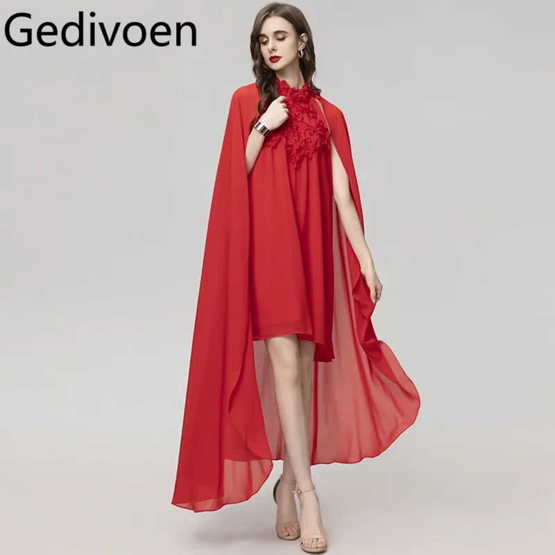 

Gedivoen Fashion Runway Design Women's Cloak Dress Summer Stand Collar Appliques Loose Waist Solid Color A Line Dress