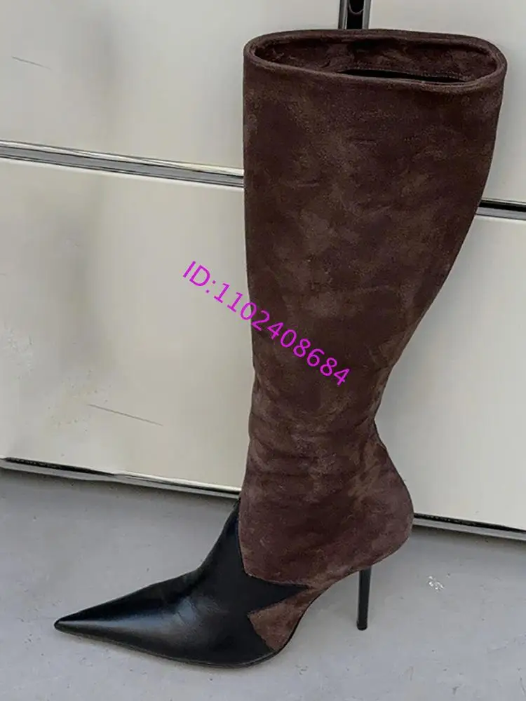 

Design Women High Heel Pointed Toe Knee Boots Side Zipper Coffee Brown Color Suede Leather Knee High Heel Boots Women