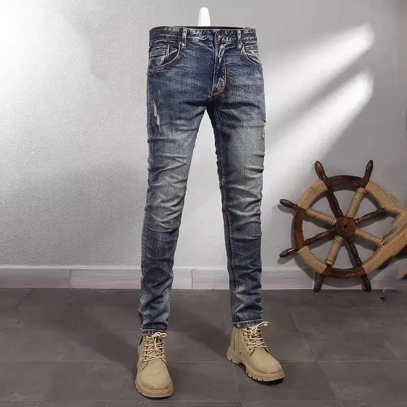 

Fashion Designer Men Jeans High Quality Retro Washed Blue Slim Fit Ripped Jeans Men Italian Style Stretch Vintage Denim Pants