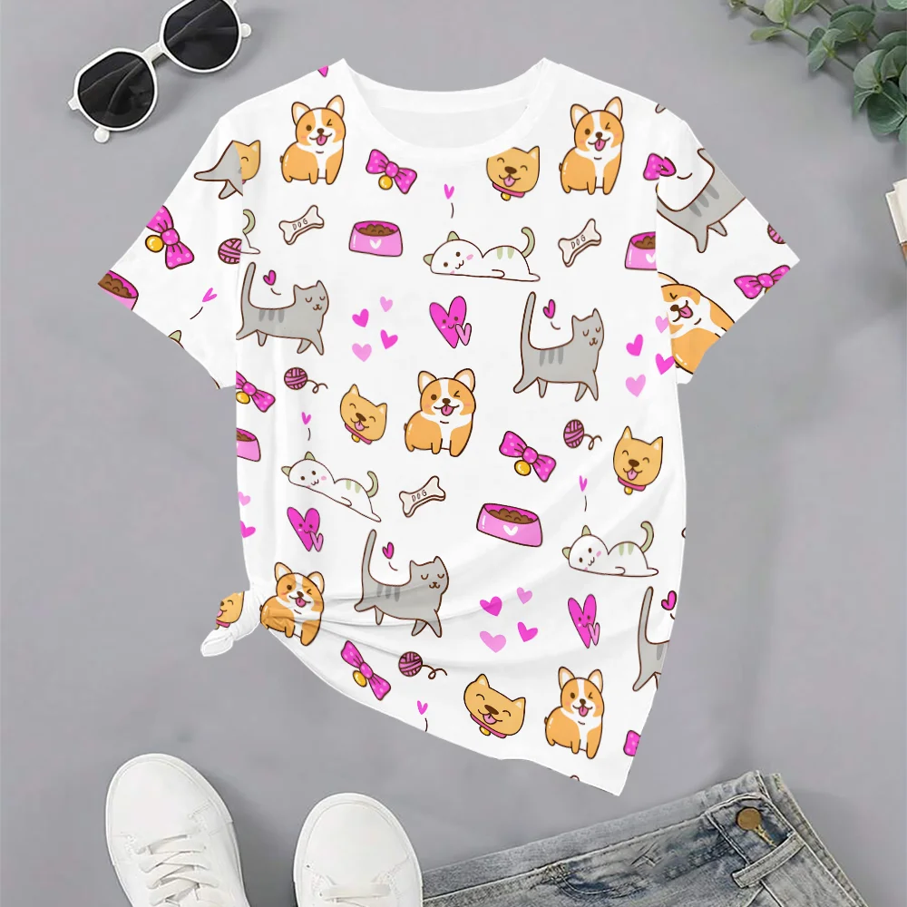 

Women's White Cartoon Cats And Corgis Print T-Shirt - Summer Cute Casual Fit Round Neck Short Sleeve