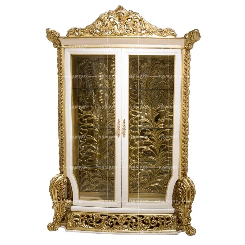 European solid wood restaurant wine cabinet living room luxury gold leaf display cabinet villa home custom wine cabinet