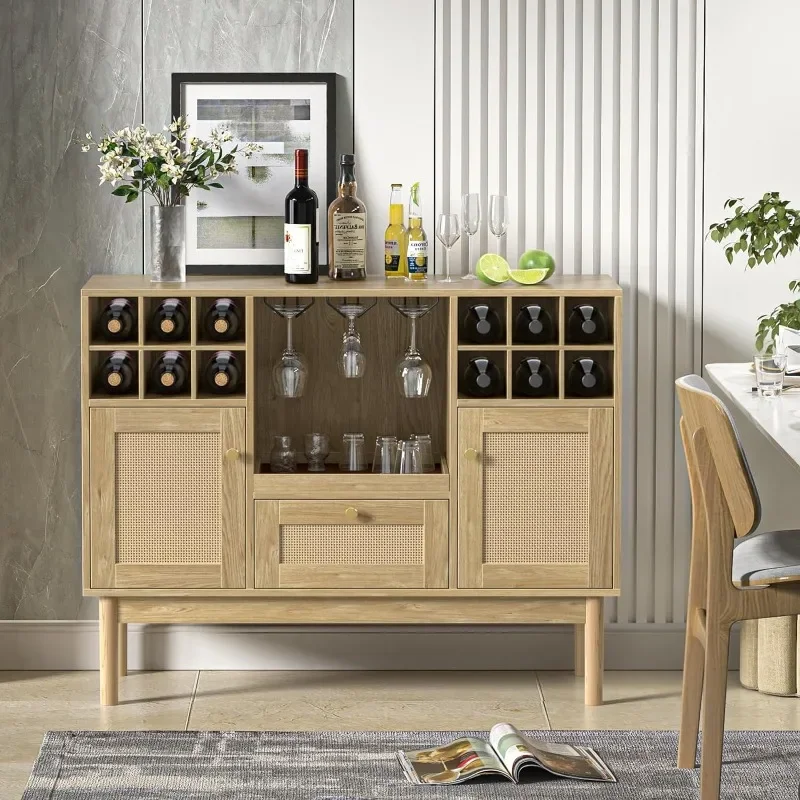 

Rattan Wine Bar Cabinet, Wood Liquor Cabinet with Wine Rack, Kitchen Sideboard Buffet Wine Cabinet with Drawer