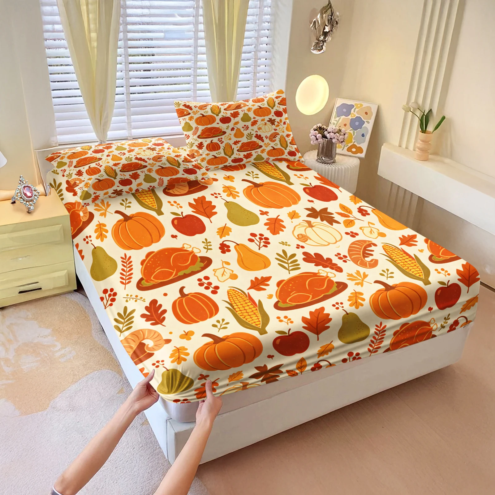 Fall Thanksgiving Fitted Sheet Set Pumpkin Maple Leaf Turkey Apple Pear Pattern Deep Pocket Mattress Cover Harvest Bed Sheet Set