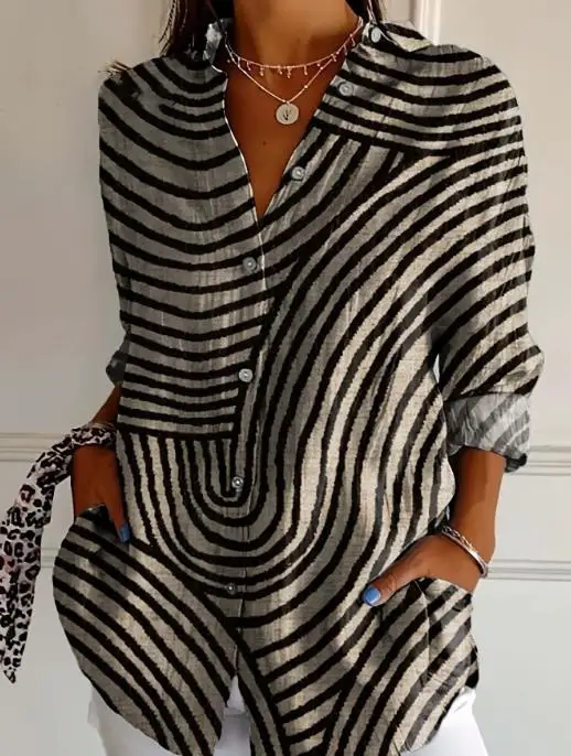 

Spring and Summer New Fashionable Vintage Style Casual Striped Printed Collar Button Front Loose Women's Long Sleeved Shirt