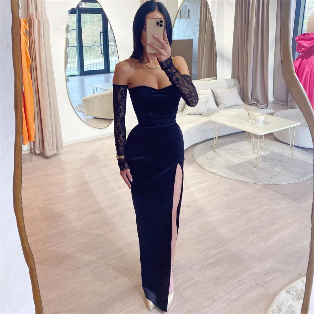 Sexy Side Split Charming Black Prom Dresses Velour Mermaid Formal Gowns Lace Sweetheart Evening Dress Vestidos De Noche 2024