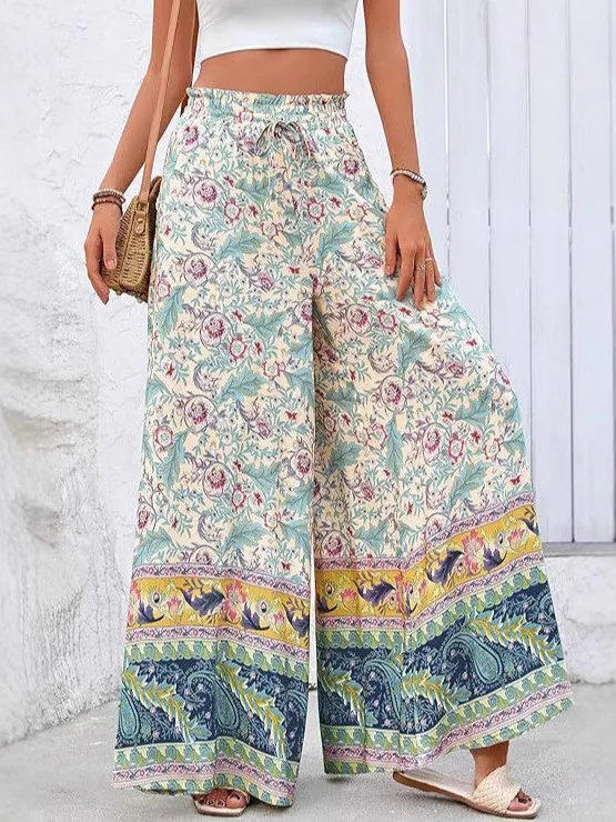 กางเกงขายาวเอวสูงทรงหลวมพิมพ์ลายปะติดสไตล์ลำลองแฟชั่นสตรีฤดูร้อน 2025 ผลิตในจีน