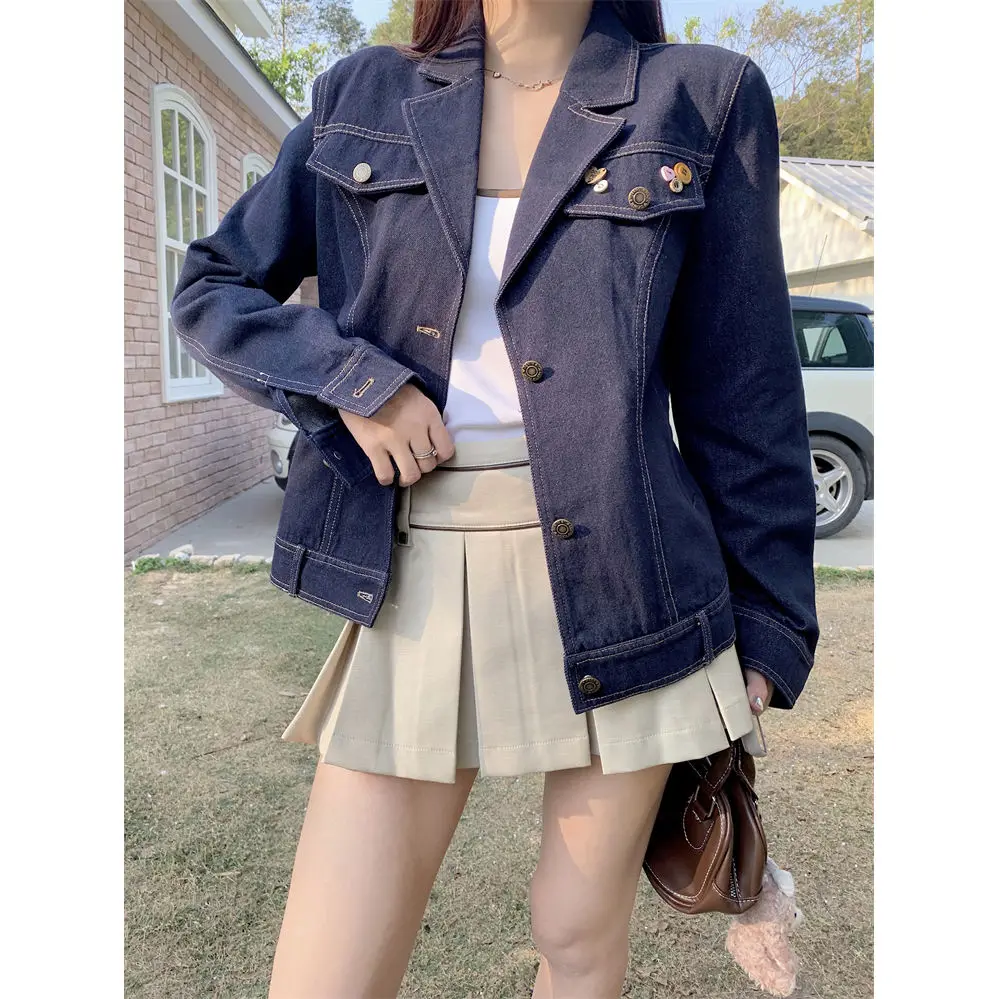 

Корейский стиль, весна-осень, темно-синяя джинсовая куртка в стиле ретро для колледжа, женская джинсовая куртка для маленьких девочек, свободное повседневное короткое пальто на пуговицах