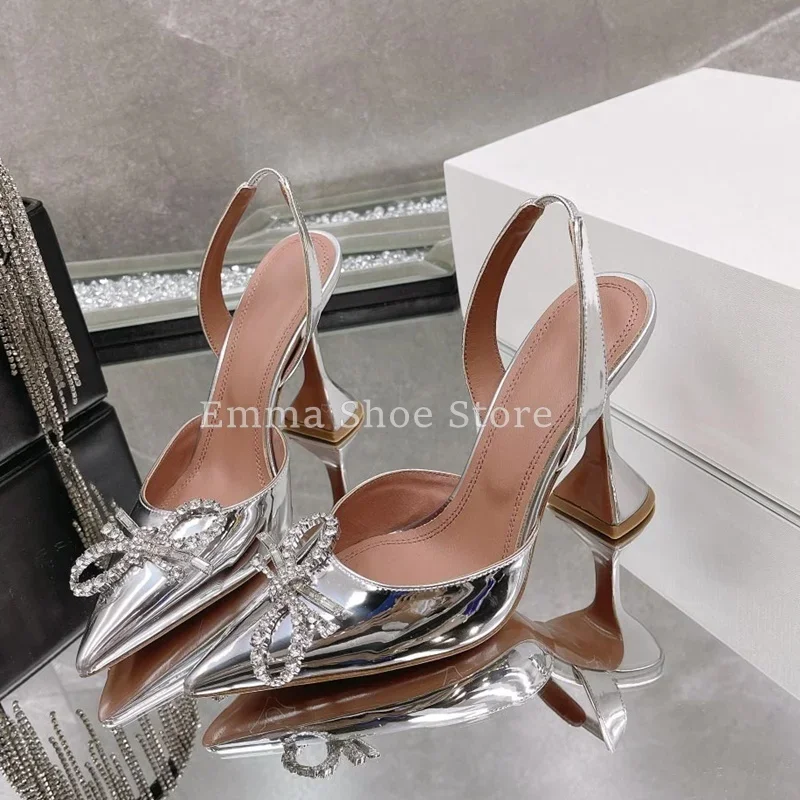 

Concise Super High Heel Satin Pointed Toe Sandals Summer Versatile Crystal Bow Backless Dress Shoes Women's Party Wedding Shoes
