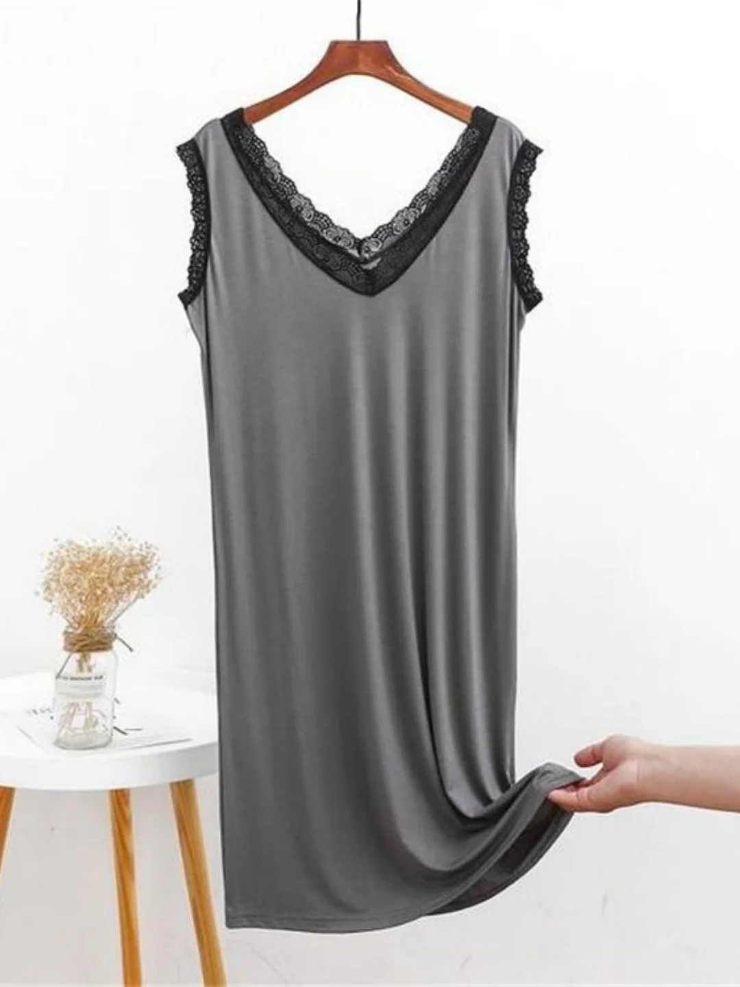 

Sexy Lace Splice Sleepwear Thin Medium Length Sleeveless Home Clothes V-Neck Comfortable plus Size for Young Women in Summer