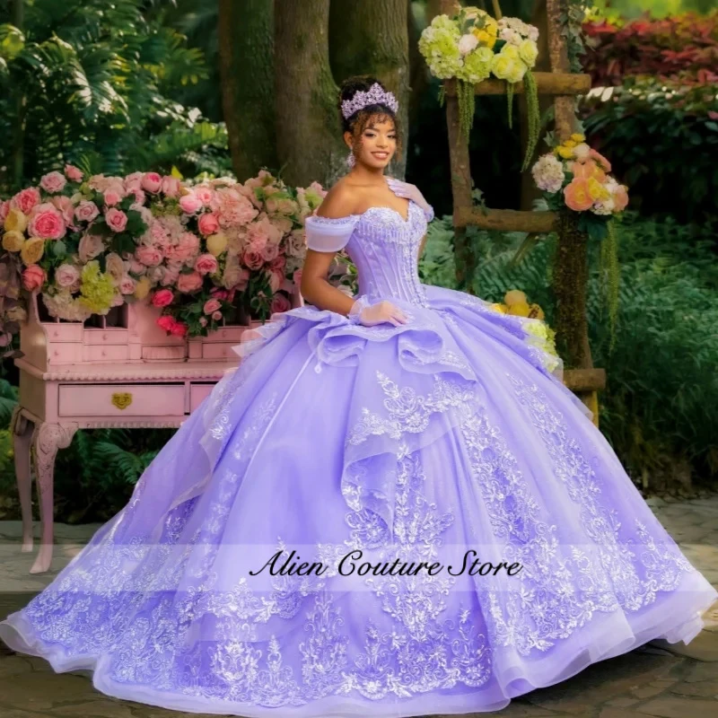 Purple Quinceanera Dress off-shoulder Sequin Decal Decal Lace Layering Long tail Bow vestidos de 15 Quinceanera ﻿Customize