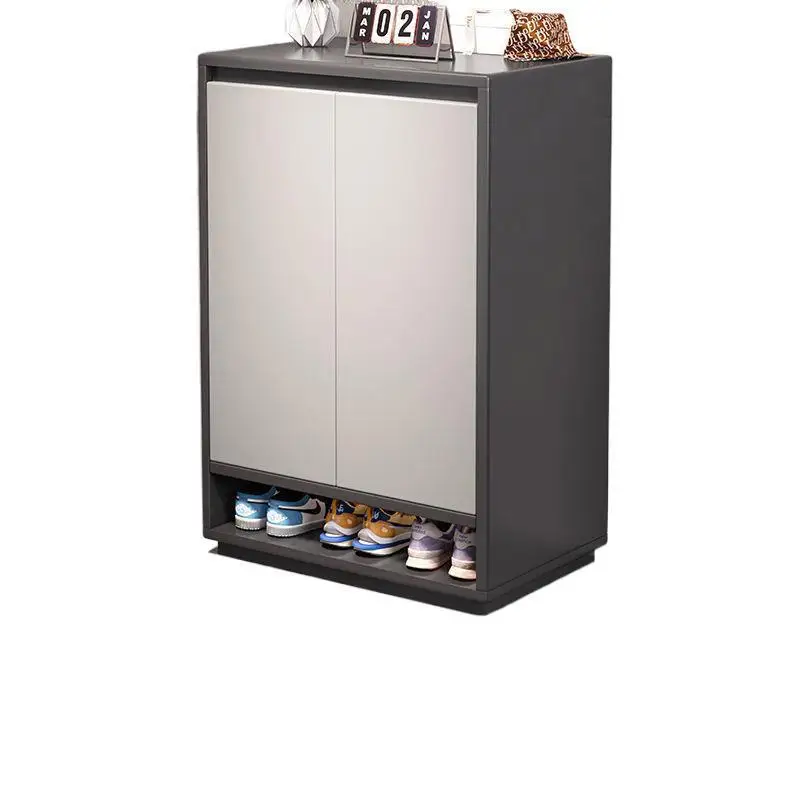 

new model at the door of the home, indoor wall-facing entrance elevator locker, clothes and shoe rack.
