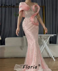 Elegant Pink Mermaid Prom Gowns Glitter Bead Pearls One Shoulder Evening Dresses Wedding Party Customized Robe De Mariรฉe 2025