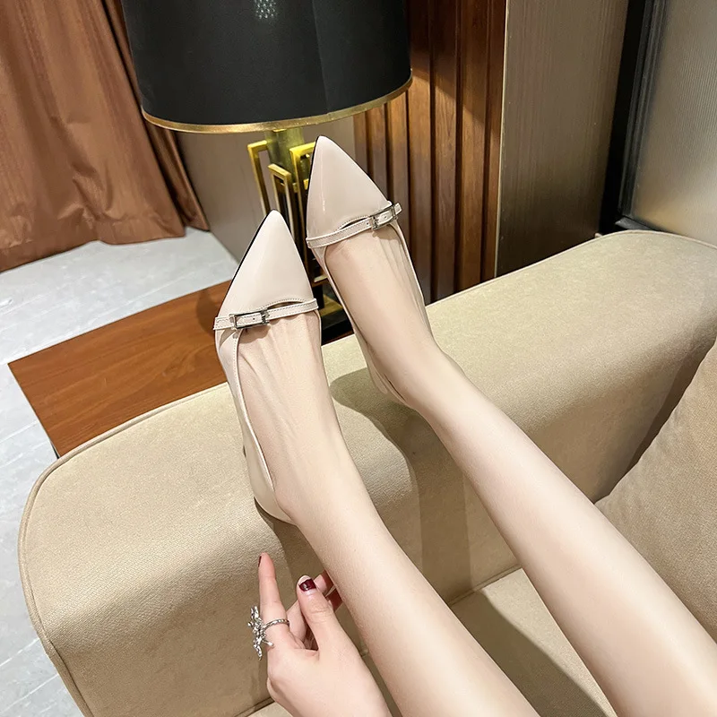 Low Heel Shoe Lace-Up Nude Platform Sandals Ladies Pointed Pumps Slip On 2024 Patent Leather Shallow Mouth Work Dress Profession