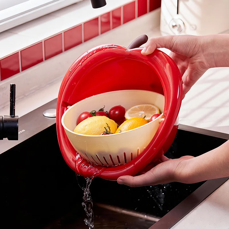 Zwei-in-Eins Niedlicher Fruchtförmiger Abtropfkorb, Doppelschichtiger Abnehmbarer Wasserfilterkorb, Kreatives Apfel-Design, Erhältlich in Rot/Gelb/Grün, Küchenspülbecken zum Waschen von Obst und Gemüse – Detail 6
