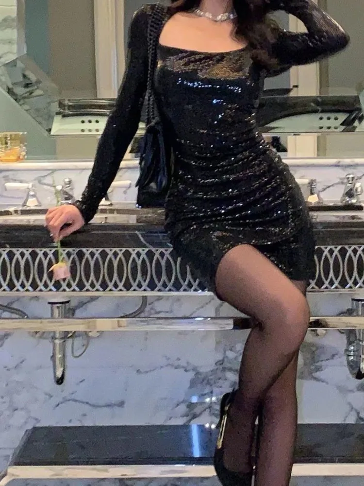 Abito Aderente Sexy con Paillettes Scintillanti a Vita Alta per Discoteca, Bar, Celebrità, Spettacoli ed Eventi Nuziali