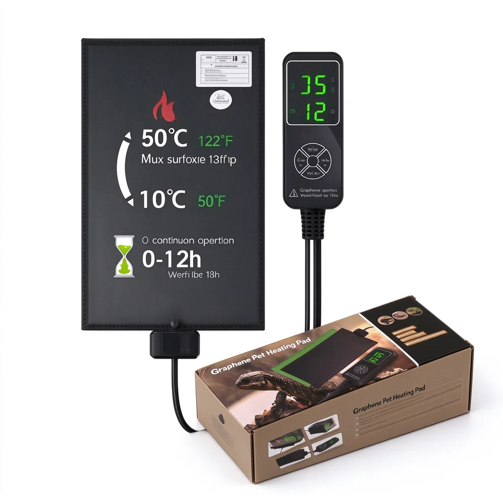 Pet Heating Pad with LED Display Thermostat 10-50°C IPX7 Waterproof PVC Heat Mat for Reptiles Lizards Snakes Turtles EU Plug