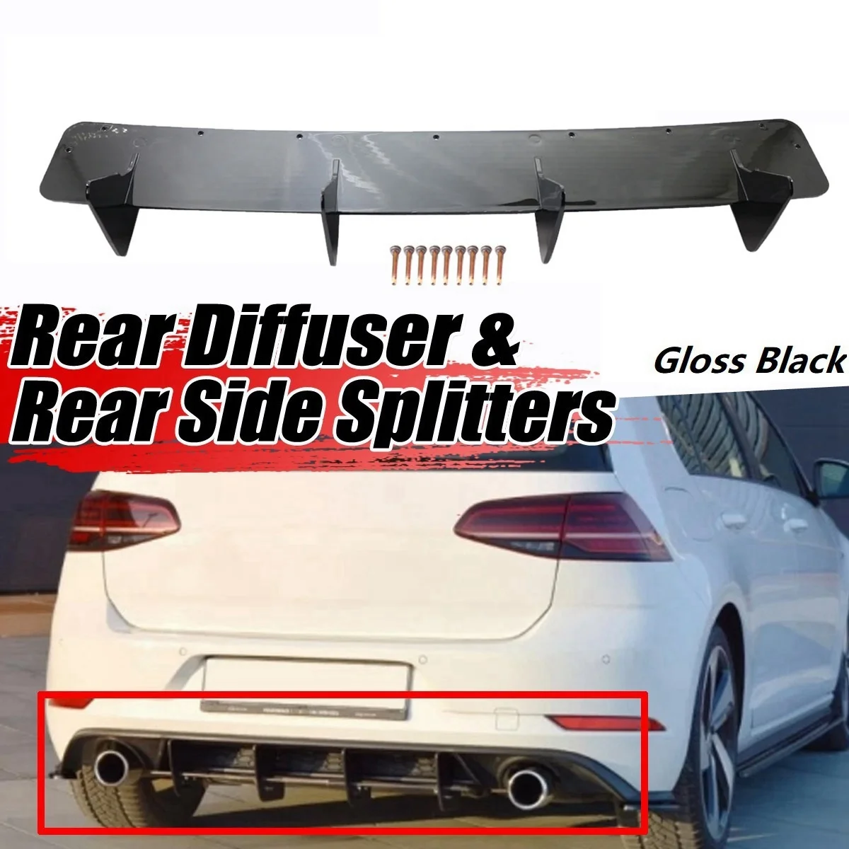 Rear Bumper Lip Diffuser Valance Spoiler Side Splitter 4 Fins for Golf 7.5 MK 7.5 Gloss Black